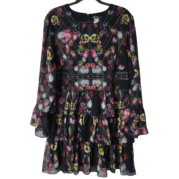 VENUS Black Floral Long Sleeve Dress - Picture 1 of 6